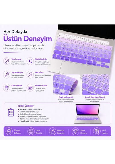 Macbook Pro 14.2 İnç M1 M2 M3 M4 M5 A2442 A2992 Uyumlu Türkçe Q Klavye Koruyucu Mor Ombre Silikon Diğer