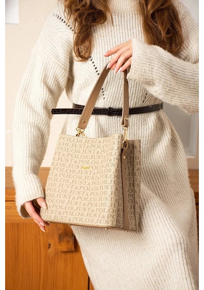 Just Polo Kadın Monogram Baskılı El Ve Omuz Çantası Ebat 25 X 25 VİZON