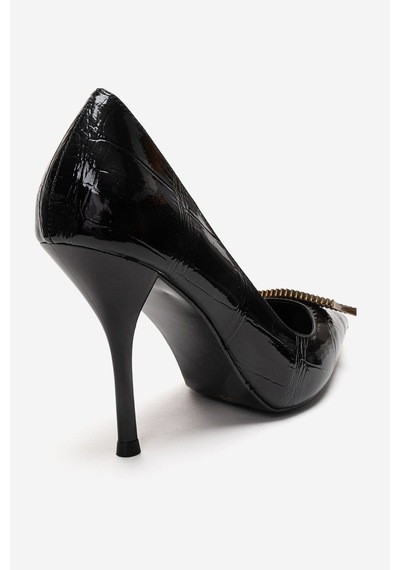 Luvishoes Dexen Siyah Baskı Metal Tokalı Kadın İnce Topuklu Ayakkabı