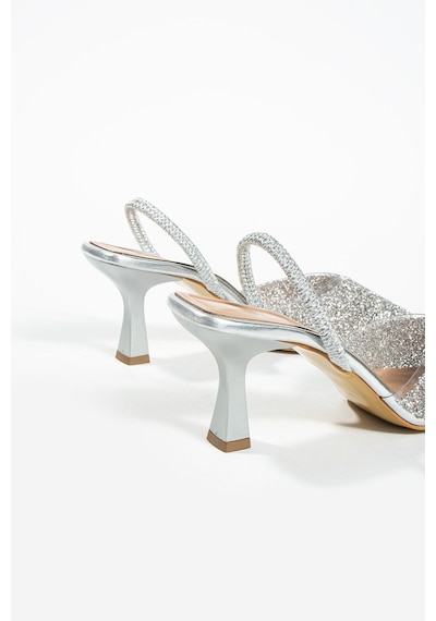 Duxal Shoes London Cam Kırıntıları Detay Arkası Açık Topuklu Ayakkabı GÜMÜŞ
