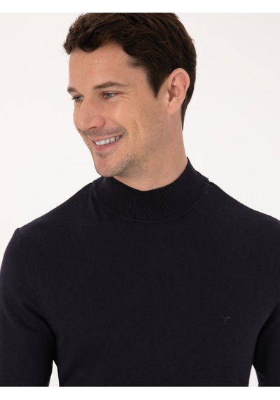 Cacharel Lacivert Slim Fit Pamuk Karışımlı Yarım Balıkçı Yaka Basic Triko Kazak