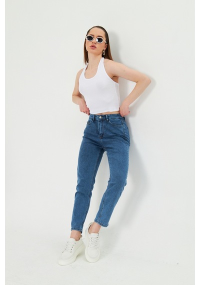 Kutaf Koyu Mavi Slım Fit Mom Jean Koyu Mavi