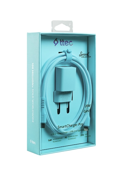 Ttec Smartcharger Gan 20w Pd Seyahat Hızlı Şarj Aleti + Usb-c - Lightning 120cm Kablo Neon Mavi