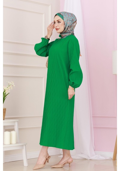 Sevitli Beli Kuşaklı Luna Tesettür Elbise-yeşil-4892 Yeşil