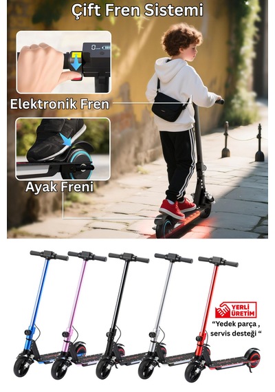 Elektrikli Çocuk Scooter - Çift Frenli Katlanabilir - Led Işıklı - Ön Çift Süspansiyonlu 8+ Mavi