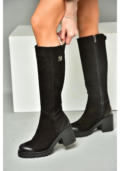 Fox Shoes R654034003 Siyah Hakiki Deri Kalın Topuklu Kadın Çizme Siyah