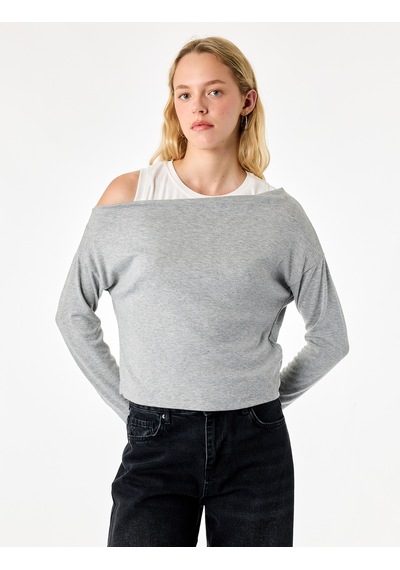 Koton Slim Fit Viskon Karışımlı Asimetrik Yaka Uzun Kollu Katmanlı Tişört Gri 7wal10346ık