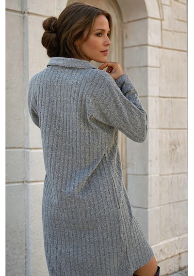 Pasaklı Giyim Kadın Gri Polo Yaka Midi Uzun Kollu Fitilli Spor Triko Elbise Oversize Yb2988176 2988176