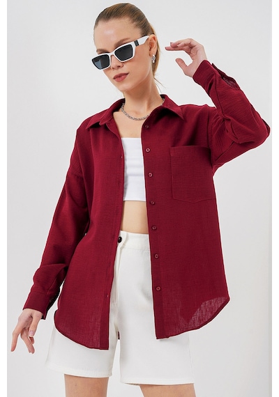 Bigdart 20153 Tek Cepli Oversize Keten Gömlek - Bordo