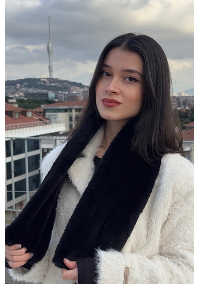 Mollycrush Kadın Siyah Peluş Atkı Kışlık Şık Suni Kürklü Siyah