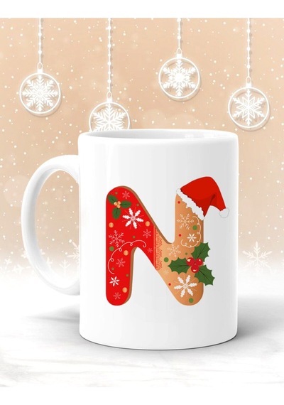N Harf Baskılı Yılbaşına Özel Kupa Bardak - Yılbaşı Kupa - Noel Hediye - Yılbaşı Hediyesi Beyaz