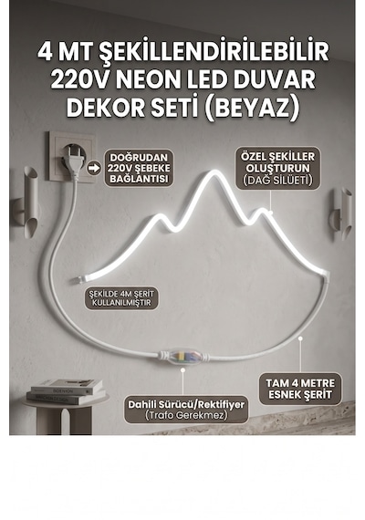 4 Metre Neon Esnek Şerit Led 220v +fiş Beyaz Işık Tak Çalıştır Tezgah Ve Mutfak Aydınlatması Led Şerit Beyaz