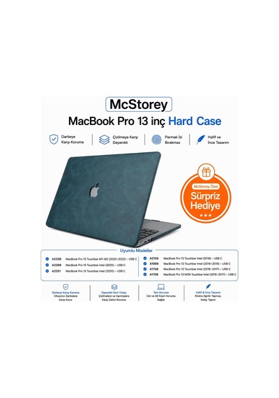 Macbook Pro 13 Deri Desenli Kılıf A1706 A1708 A1989 A2159 Uyumlu İnce Hafif Sert Kılıf Koruyucu Kapak 2016-2019 Lacivert