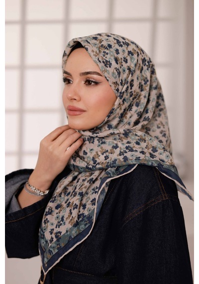 Mimiyum Flora Desen Soft Eşarp Yeşil Bej