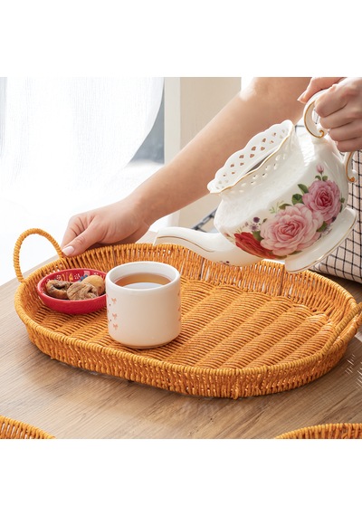 Porsima 708-a Oval 3'lü Hasır Tepsi Dekoratif Servis Sunum Tepsi