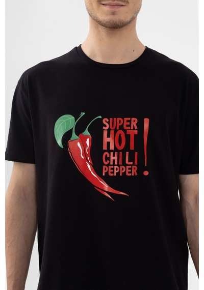 Erkek Pamuklu Kısa Kollu Chilli Baskılı Cep Detaylı Pijama Takımı Ke30101.34 Kırmızı - Siyah
