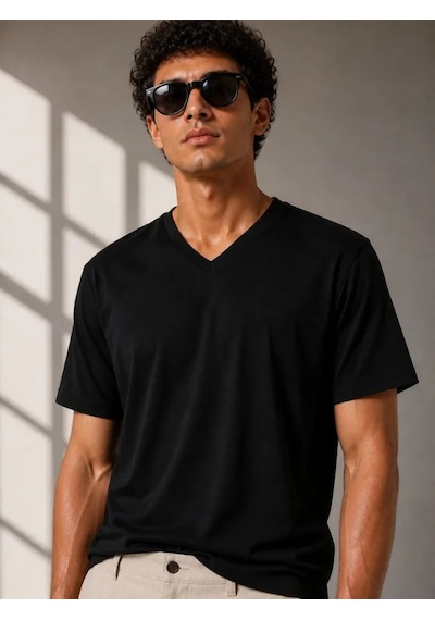 Efnaz Style Erkek V Yaka Basic Tişört Kısa Kol Yazlık Regular Fit T-shirt - Siyah
