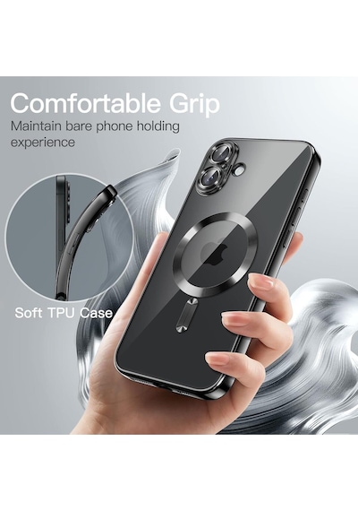 Teknomoda Apple iPhone 16 Kılıf Kamera Lens Korumalı Renkli Magsafe Şarj Uyumlu Şeffaf Silikon Siyah