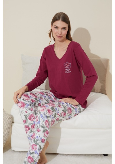 Siyah İnci Pamuklu Örme Pijama Takım 24240104 Bordo