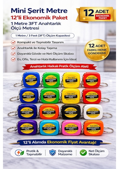 Mini Şerit Metre 1 Metre 3ft Anahtarlık Ölçü Metresi Taşınabilir Cep Metre 12 Adet