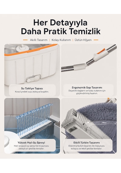 Moppak Temiz Kirli Su Ayrımı Mikrofiber Kare Başlık Mop Temizlik Seti Beyaz