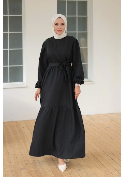 Defymoda Kadın Uzun Kol Bisiklet Yaka Belden Bağlamalı Elbise Siyah Defymoda Kadın Uzun Kol Bisiklet Yaka Belden Bağlamalı Elbise Siyah