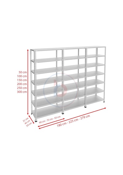 Raf Burada  7 Katlı 3'lü Galvaniz Çelik Raf - Depo, Arşiv, Kiler, Dosya, Market Rafı-31x93 cm-200 cm-1.50 mm