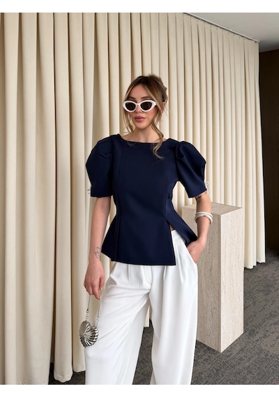 Laluvia Lacivert Kolu İnci Fiyonk Detaylı Bluz - 5001 Lacivert