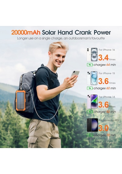 20000 Mah Solar Powerbank - El Kranklı, Dahili Kablolu Taşınabilir Su Geçirmez Powerbank Siyah - Turuncu