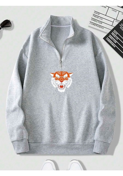 Harmandar Gri Erkek Kaplan Baskılı Dik Yaka Yarım Fermuarlı Kazak Sweatshirt Kaplangridikyaka Harmandar Gri Erkek Kaplan Baskılı Dik Yaka Yarım Fermuarlı Kazak Sweatshirt Kaplangridikyaka