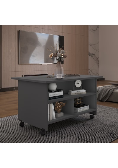 Asra Trend Orta Sehpa OS001 %100 MDF Tekerlekli İki Katlı Geniş Raf Takımı Antrasit