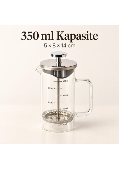Tr Metal Kapaklı French Press, 350 Ml Ölçülü Borosilikat Cam Filtre Kahve Ve Bitki Çayı Demliği, 5 X 8 X 14 Cm Diğer