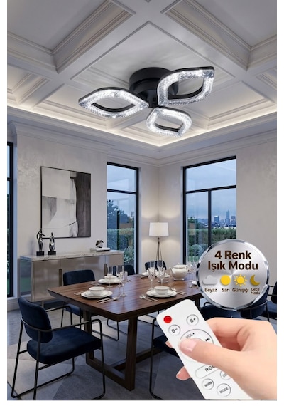 LumiaLighting Yonca Model Kumandalı Siyah 3"lü Ledli 3 Renk Modu Kristal Salon Mutfak Yatak Çocuk Odası Avize