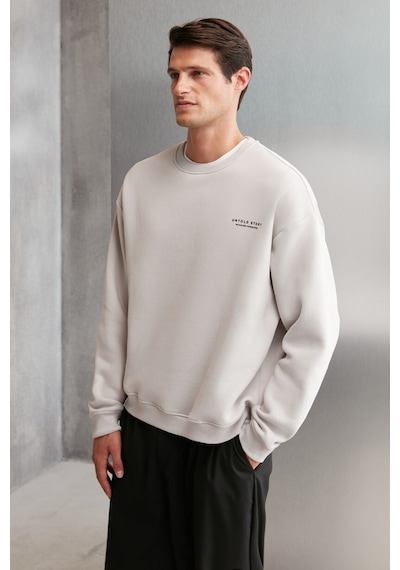 Grimelange Bryan Erkek Yumuşacık Kumaşlı 3 Iplik Oversize Bol Kesim Yuvarlak Yakalı Baskılı Gri Sweatshirt