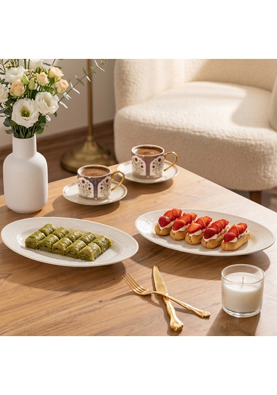 Porsima 4459 Burçak Porselen Kayık Tabak Seti - Oval Kahvaltılık Sunumluk Seti 25cm Beyaz