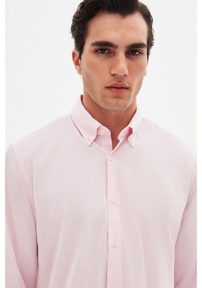 D'S Damat Ds Damat Comfort Pembe Düğmeli Yaka Rahat Kesim Keten Görünümlü %100 Pamuk Gömlek 2hc02ort64265 Pembe