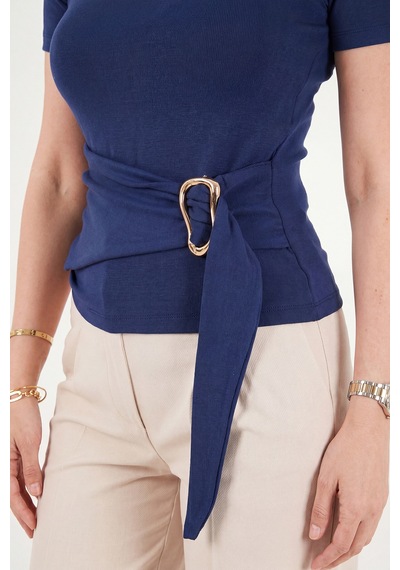 Lela Toka Detaylı Fitted Fit Kayık Yaka Bluz Bayan Bluz 5862707 Lacivert