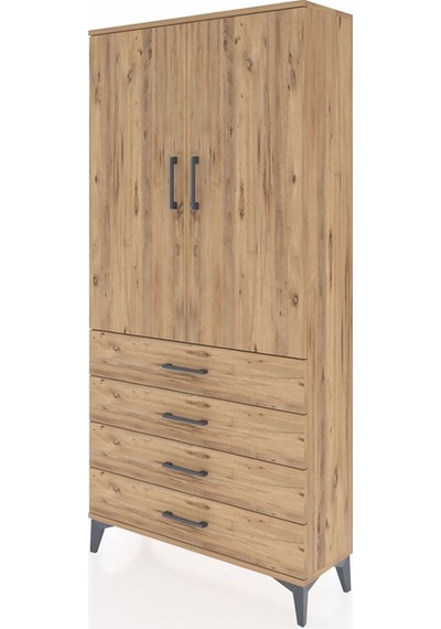Arges Dolap Tek Raflı 4 Çekmeceli Tek Askılı 88x30x182 Çam-çam Çam