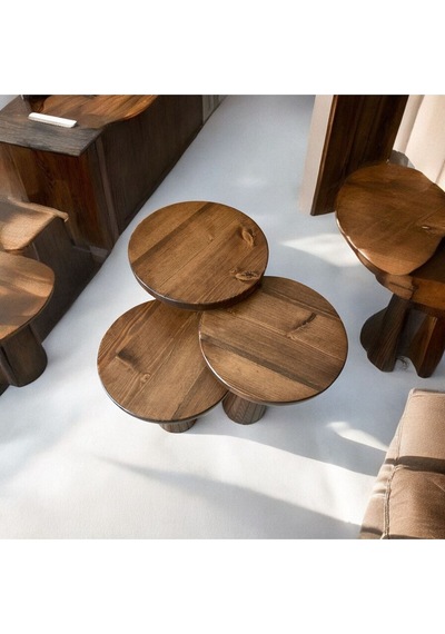 Simillo Wood Wooden Ahşap 3 Lü Set Fitilli Mantar Yan Sehpa Modern Ceviz Renk Fisko Kod:15948405111 Ceviz