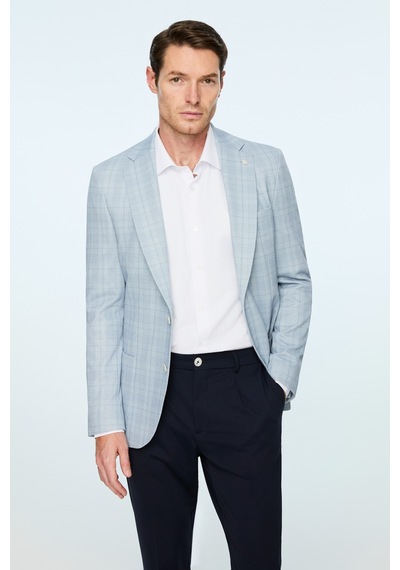 Morven Erkek Mavi Polyester Trend Ekoseli Slim Fit Mono Yaka Ceket 26ms002019300 Mavi