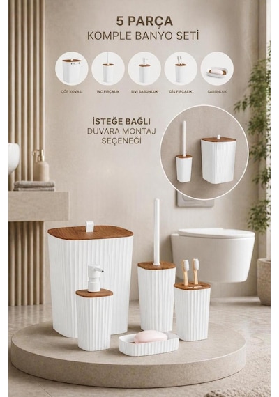 Safir Beyaz Ahşap Desenli Çizgili Banyo Seti 5 Parça Plastik