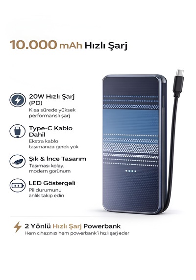 10000mah Karbon Stil Powerbank Dahili Type-c Kablo 20w Hızlı Şarj Taşınabilir Şarj Cihazı Lacivert