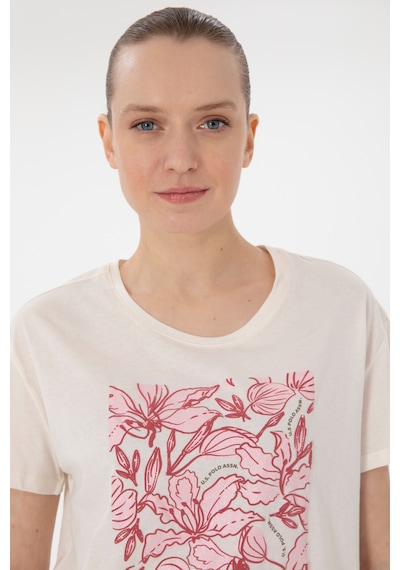 U.S. Polo Assn. Kadın Krem Desenli Bisiklet Yaka Tişört 50299765-VR071