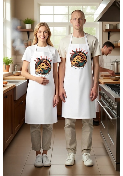 Unisex Mutfak Önlüğü Pizza Baskılı Dijital Desen Rahat Kesim Boyu Beyaz