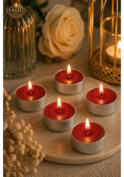 Tealight Mum 5 Adet Kalp Kırmızı Yuvarlak Kırmızı Beyaz Dekoratif Mum Kırmızı Yuvarlak
