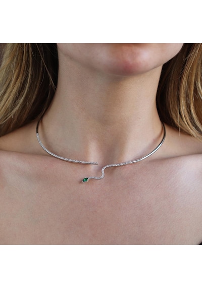 Yeşil Zirkon Taşlı Serpent Choker Gümüş Kolye Gümüş