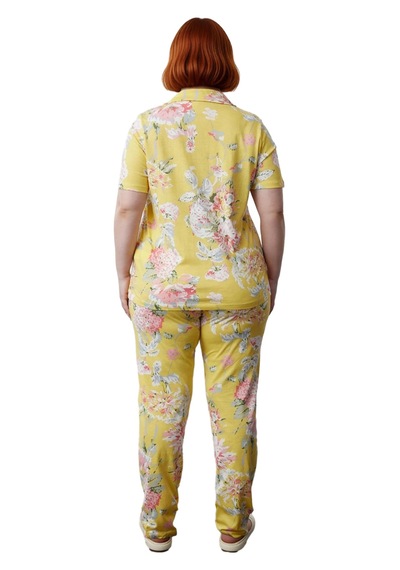 Ersefa Kadın Çiçekli Örme Pijama Takımı Gömlek Yaka Fonksiyonel Dayanıkl sarı