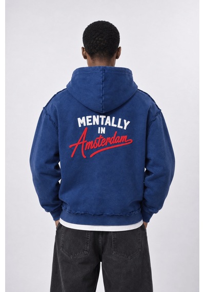 Respire Erkek Pis Dikiş Detaylı Yıkamalı Oversize Hoodie Lacivert