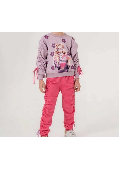 Kız Çocuk Rahat Kesim Sweatshirt Ve Büzgülü Jogger Takım Lila&Pembe
