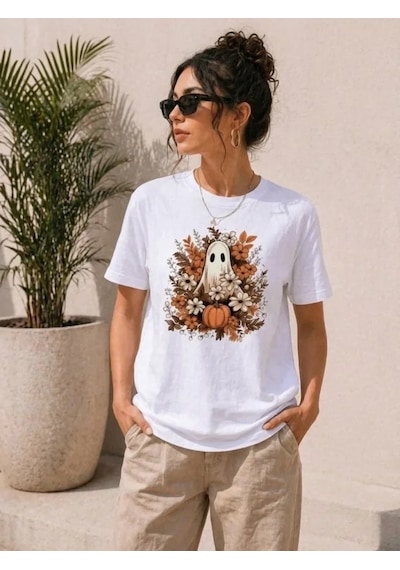 Defymoda Balkabağı Hayalet Baskılı Tişört Kısa Kol Yazlık T-shirt - Beyaz